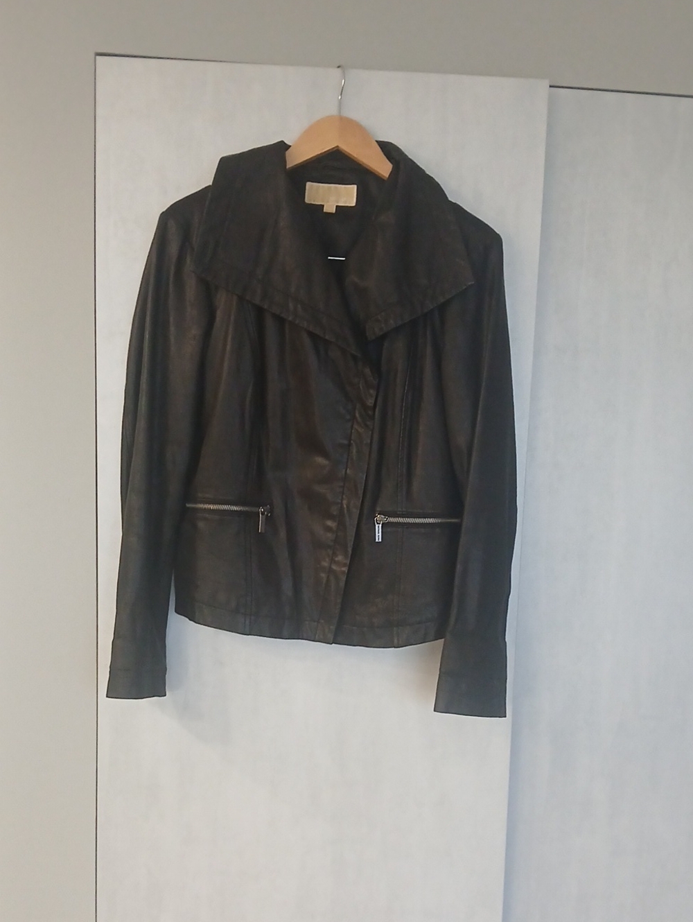 Michael Kors Black Leather Jacket with Wide Fold Collar